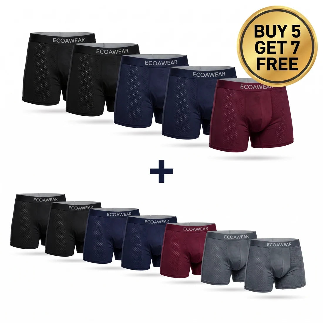 Original offer image: five boxer briefs plus seven free pairs in the exact supplied artwork