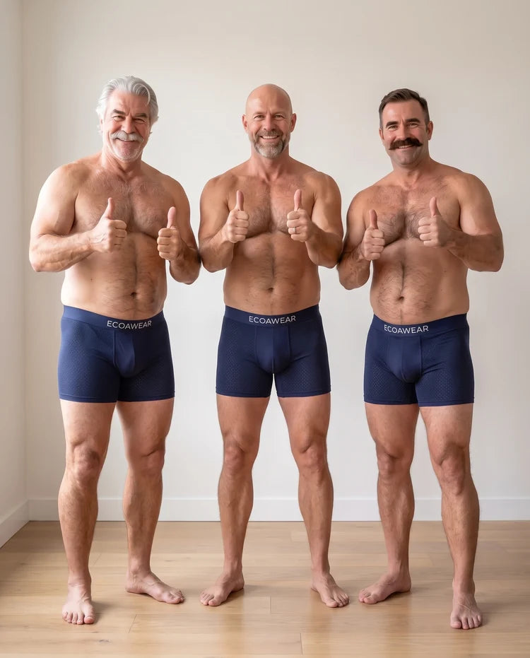 Three men wearing navy ECOAWEAR bamboo boxer briefs